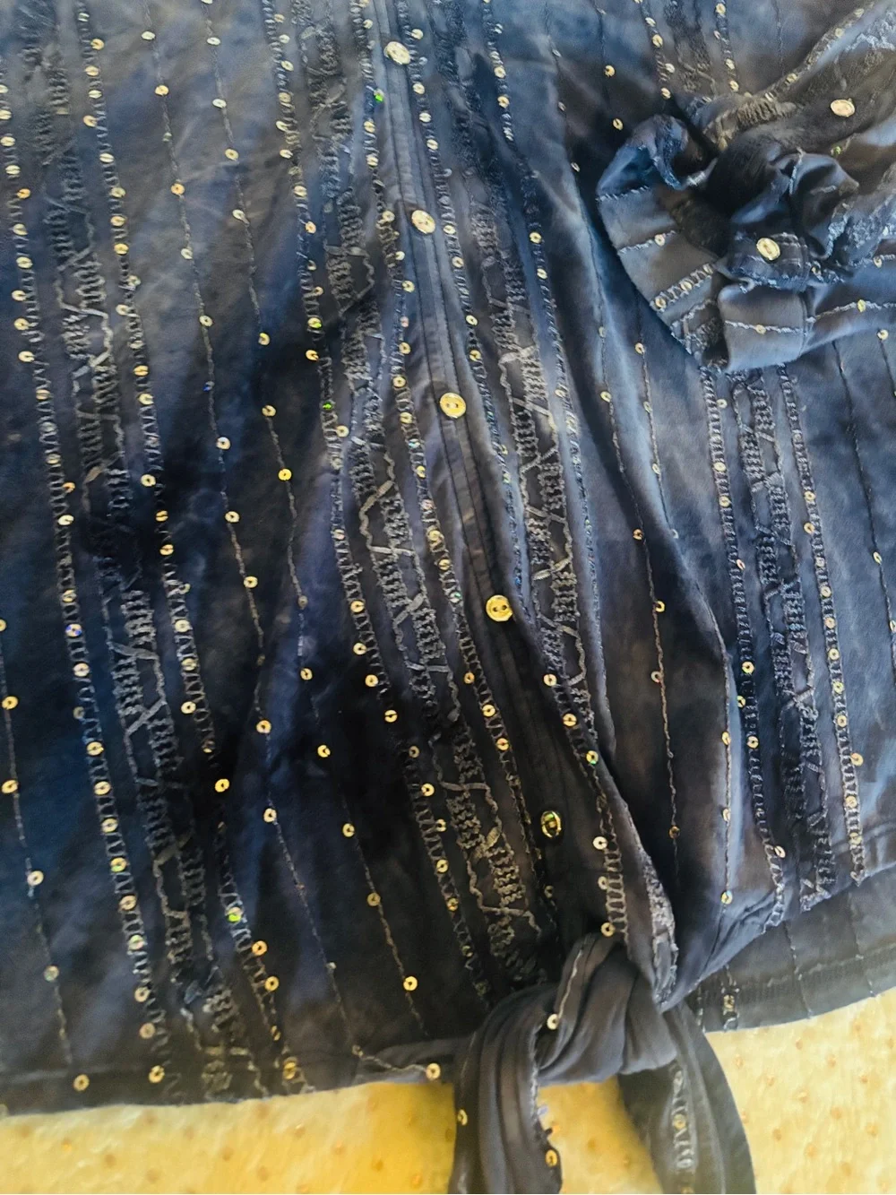 Navy blue Sequin Button-Front Tie-Hem Long Sleeve Blouse - Picture 2 of 7